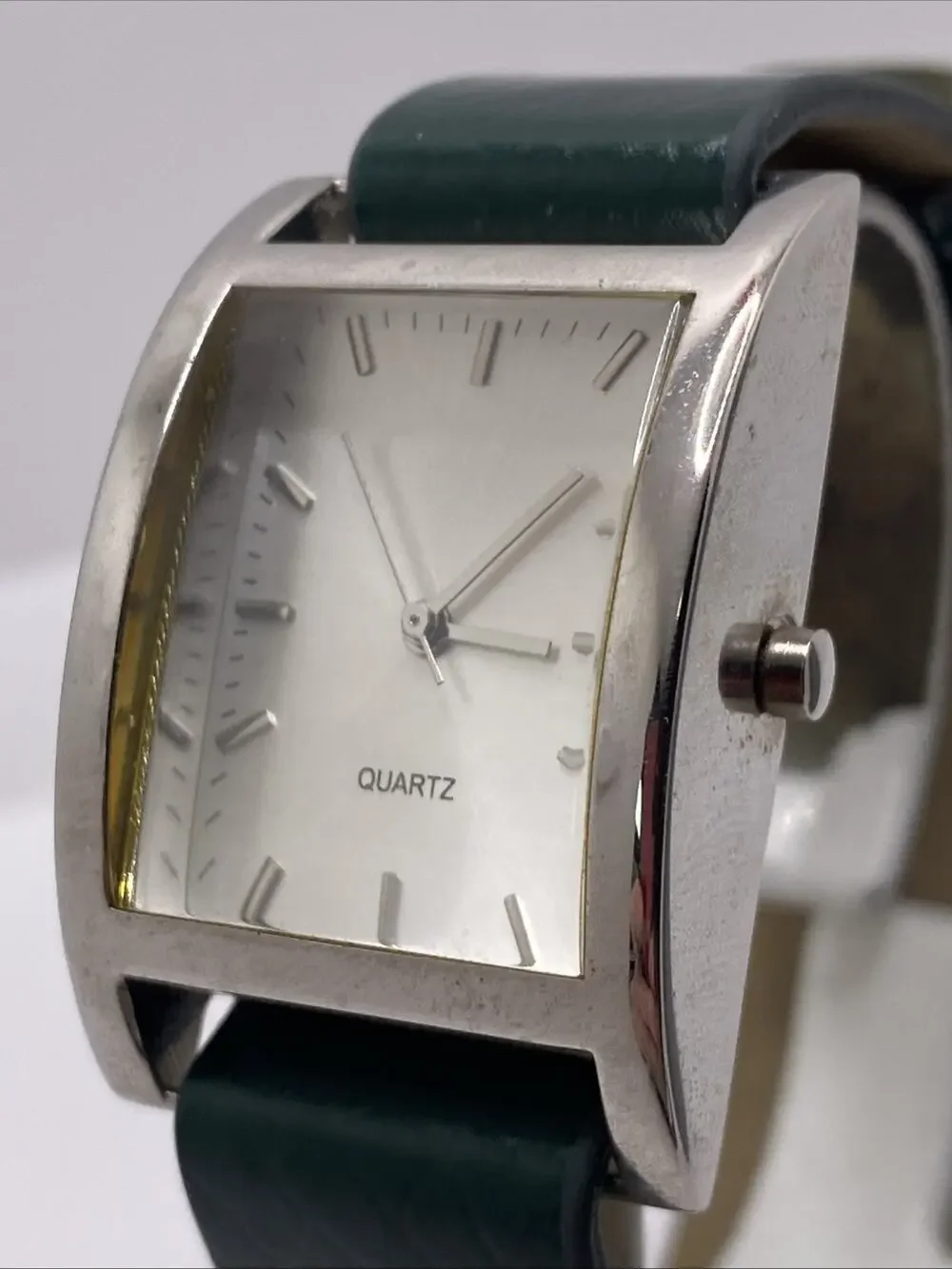 Womens Silver Rectangle Green Watch Works New Battery